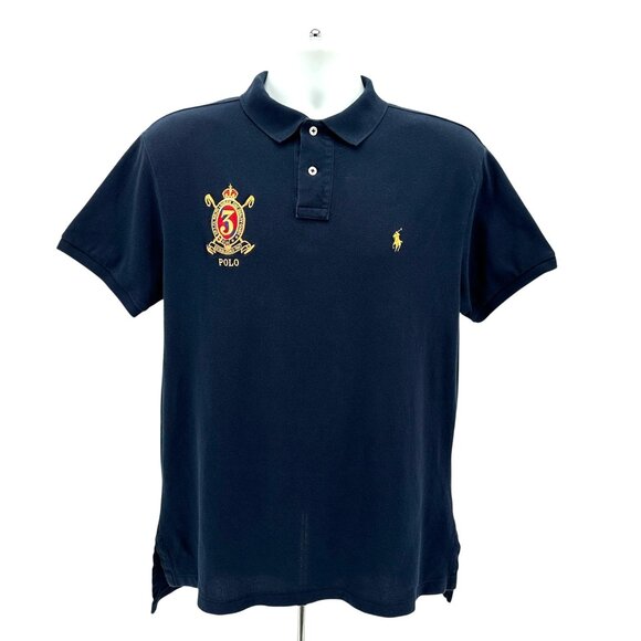 Polo Ralph Lauren Mens Large Polo Shirt Custom Slim Fit Mesh Polo Navy Blue - Picture 1 of 7